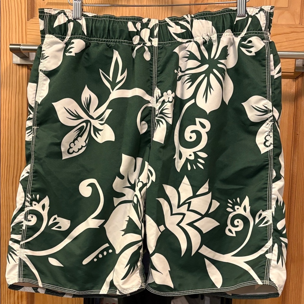 Old Navy Green and White Drawstring Waist Swim Trunks Sz L